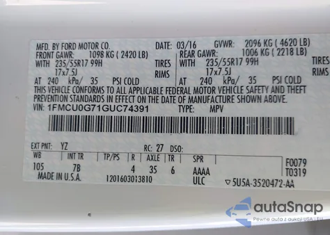 2016 Ford Escape Se from USA, damaged, VIN 1FMCU0G71GUC74391